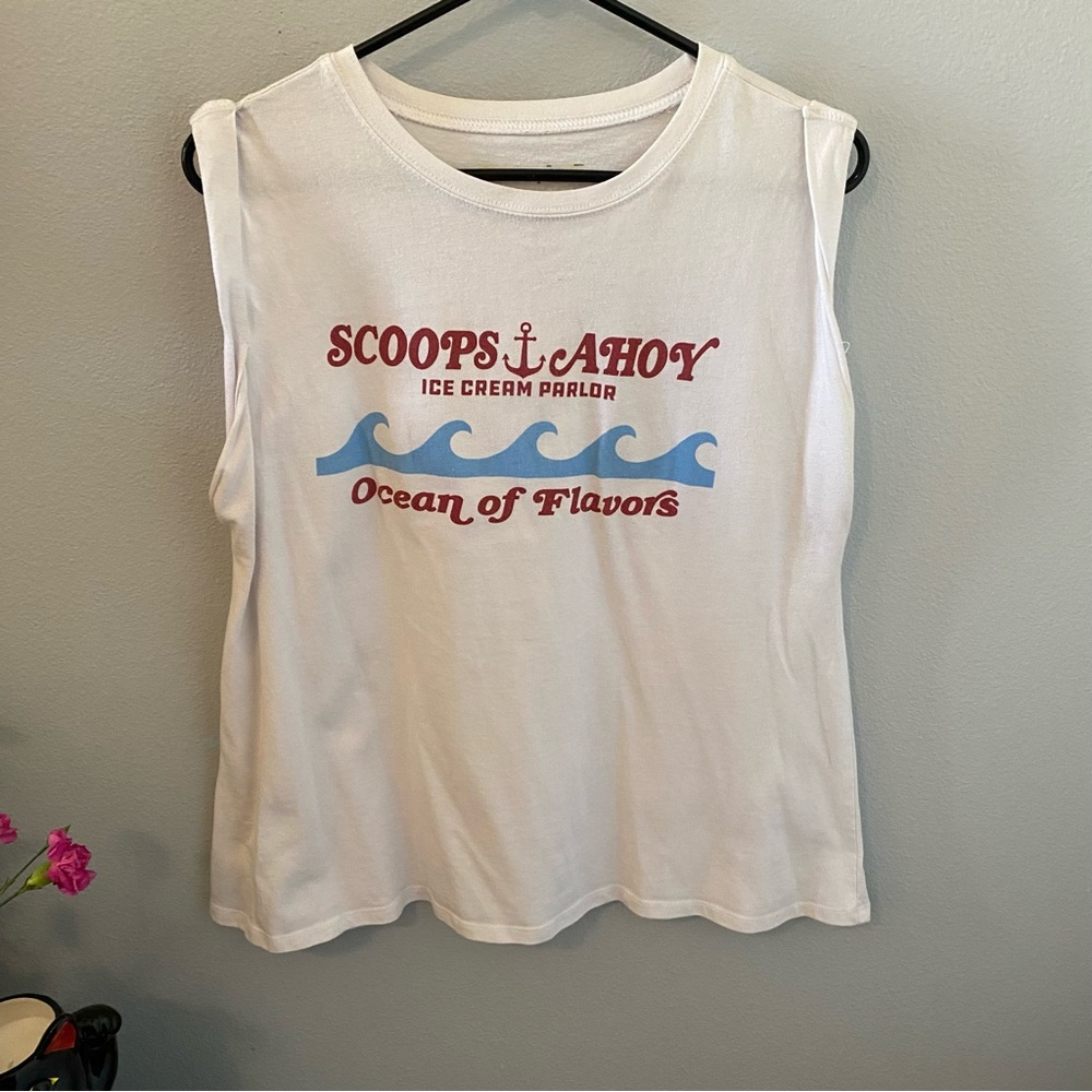 White Stranger Things- Scoops Ahoy Graphic Muscle Tee with Red Graphic